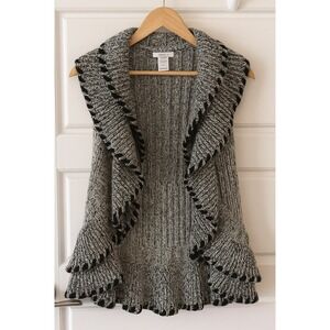 Vintage Cache sz L Womens Gray Black Tiered Flutter Knit Vest Cozy Layering Fall